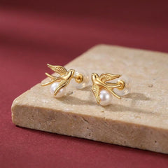 Stud Earrings Bird Swallow Pearl 18K Gold Plated Brass Dainty Minimalist Gift for Her