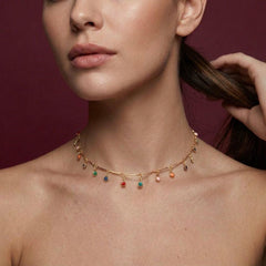 Choker Necklace Crystal Multi Stone Brass Gold Plated Colorful Charm Dangle Gift for Her