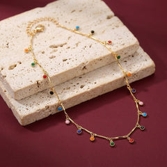 Choker Necklace Crystal Multi Stone Brass Gold Plated Colorful Charm Dangle Gift for Her