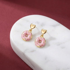 Dangle Earrings Pink Enamel Donut Heart Stud Gold Plated Fun Food Gift for Her