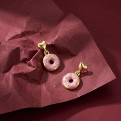 Dangle Earrings Pink Enamel Donut Heart Stud Gold Plated Fun Food Gift for Her