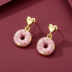 Dangle Earrings Pink Enamel Donut Heart Stud Gold Plated Fun Food Gift for Her