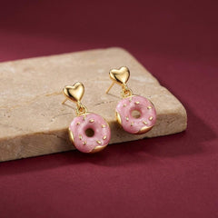 Dangle Earrings Pink Enamel Donut Heart Stud Gold Plated Fun Food Gift for Her