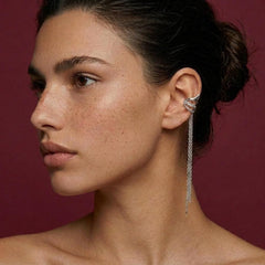 Ear Cuff No Piercing Silver Chain Tassel Cartilage Wrap Crystal Accent Statement Gift