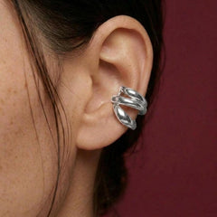 Ear Cuff No Piercing Silver Sculptural Triple Band Brass Silver Plated Statement Gift