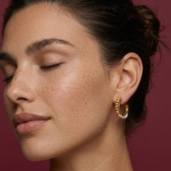 Hoop Earrings Gold Beaded Chunky C-Shape Pearl Accent Statement Gift for Her
