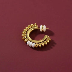 Hoop Earrings Gold Beaded Chunky C-Shape Pearl Accent Statement Gift for Her