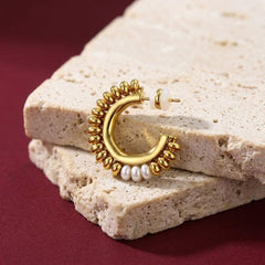 Hoop Earrings Gold Beaded Chunky C-Shape Pearl Accent Statement Gift for Her
