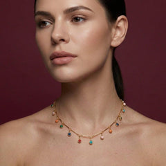 Choker Necklace Crystal Multi Stone Brass Gold Plated Colorful Charm Dangle Gift for Her