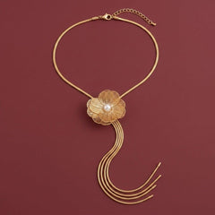 Lariat Necklace Pearl Flower Gold Tassel Y-Drop Chain Wedding Bridal Statement Gift
