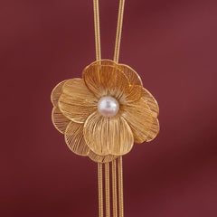 Lariat Necklace Pearl Flower Gold Tassel Y-Drop Chain Wedding Bridal Statement Gift