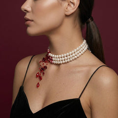 Pearl Necklace Three Strand Red Fringe Bohemian Statement Bridal Wedding Gift for Her