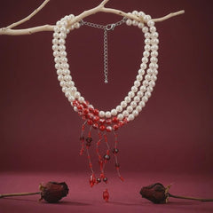 Pearl Necklace Three Strand Red Fringe Bohemian Statement Bridal Wedding Gift for Her