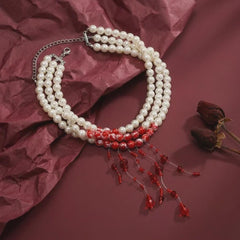 Pearl Necklace Three Strand Red Fringe Bohemian Statement Bridal Wedding Gift for Her