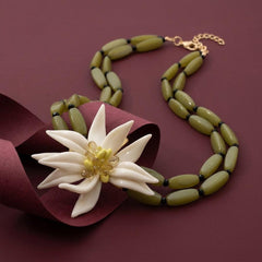 Choker Necklace Olive Green Beaded White Flower Statement Bohemian Brass Gold Plated Gift