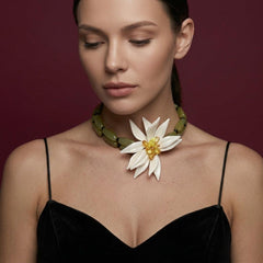 Choker Necklace Olive Green Beaded White Flower Statement Bohemian Brass Gold Plated Gift