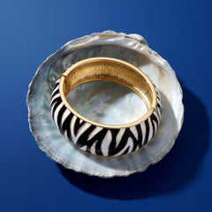 Zebra Print Bangle Bracelet, Bold Black White Enamel Statement Cuff with Gold-Tone Hinged Closure