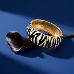 Zebra Print Bangle Bracelet, Bold Black White Enamel Statement Cuff with Gold-Tone Hinged Closure