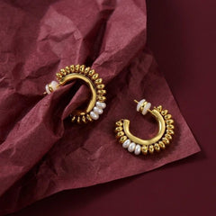 Hoop Earrings Gold Beaded Chunky C-Shape Pearl Accent Statement Gift for Her