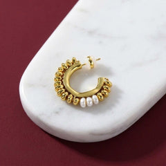 Hoop Earrings Gold Beaded Chunky C-Shape Pearl Accent Statement Gift for Her
