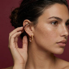 Hoop Earrings Gold Beaded Chunky C-Shape Pearl Accent Statement Gift for Her