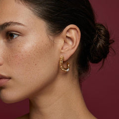 Hoop Earrings Gold Beaded Chunky C-Shape Pearl Accent Statement Gift for Her