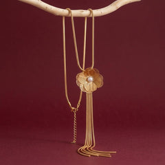 Lariat Necklace Pearl Flower Gold Tassel Y-Drop Chain Wedding Bridal Statement Gift