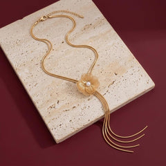 Lariat Necklace Pearl Flower Gold Tassel Y-Drop Chain Wedding Bridal Statement Gift