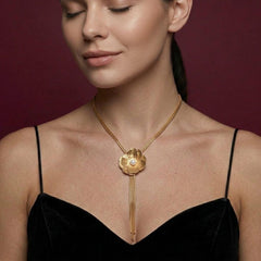 Lariat Necklace Pearl Flower Gold Tassel Y-Drop Chain Wedding Bridal Statement Gift