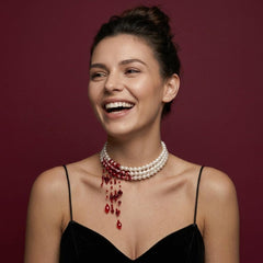 Pearl Necklace Three Strand Red Fringe Bohemian Statement Bridal Wedding Gift for Her