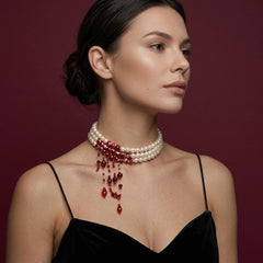 Pearl Necklace Three Strand Red Fringe Bohemian Statement Bridal Wedding Gift for Her