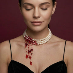 Pearl Necklace Three Strand Red Fringe Bohemian Statement Bridal Wedding Gift for Her
