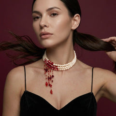 Pearl Necklace Three Strand Red Fringe Bohemian Statement Bridal Wedding Gift for Her
