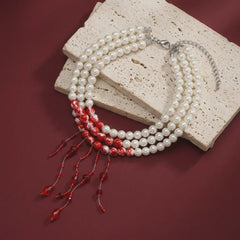Pearl Necklace Three Strand Red Fringe Bohemian Statement Bridal Wedding Gift for Her