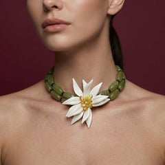 Choker Necklace Olive Green Beaded White Flower Statement Bohemian Brass Gold Plated Gift