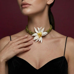 Choker Necklace Olive Green Beaded White Flower Statement Bohemian Brass Gold Plated Gift