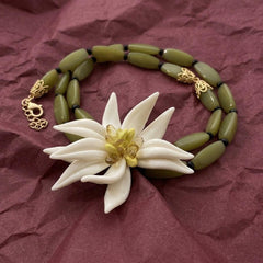 Choker Necklace Olive Green Beaded White Flower Statement Bohemian Brass Gold Plated Gift