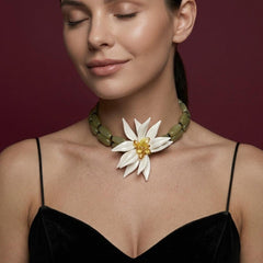 Choker Necklace Olive Green Beaded White Flower Statement Bohemian Brass Gold Plated Gift