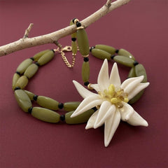 Choker Necklace Olive Green Beaded White Flower Statement Bohemian Brass Gold Plated Gift