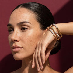 Gold Bamboo Bangle Stack — Set of 4 Pavé Crystal Bracelets, Textured Cuff for Her