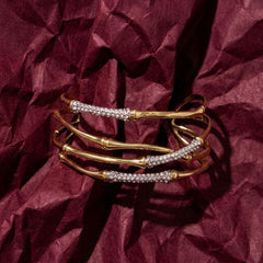 Gold Bamboo Bangle Stack — Set of 4 Pavé Crystal Bracelets, Textured Cuff for Her