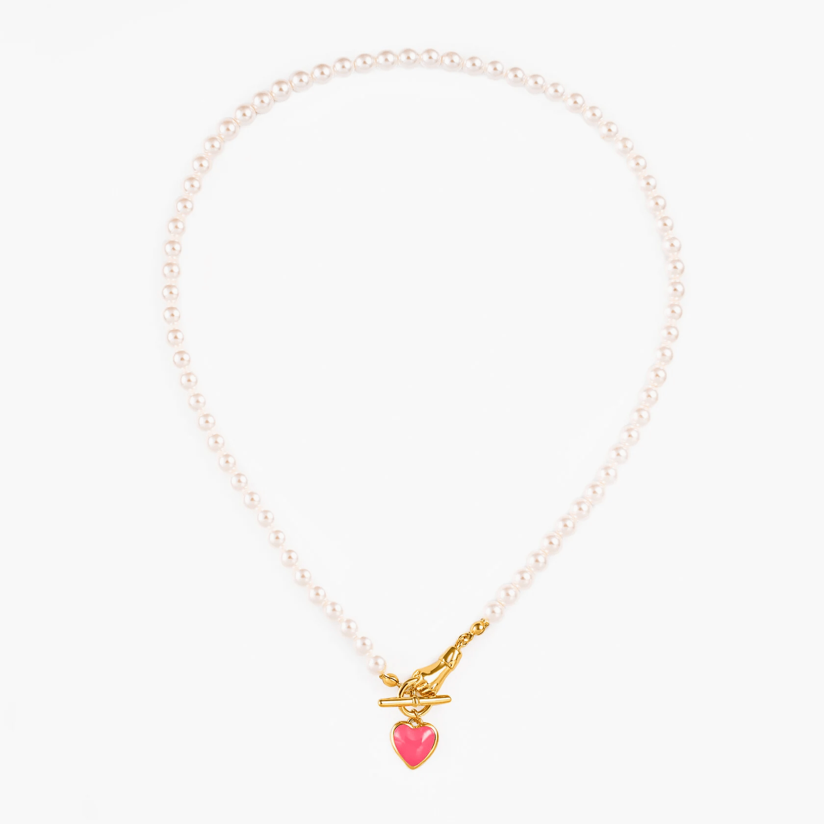 Necklace Amour with pearls, gold-plated clasp, and pink heart pendant, perfect for elegant style and thoughtful gifting.