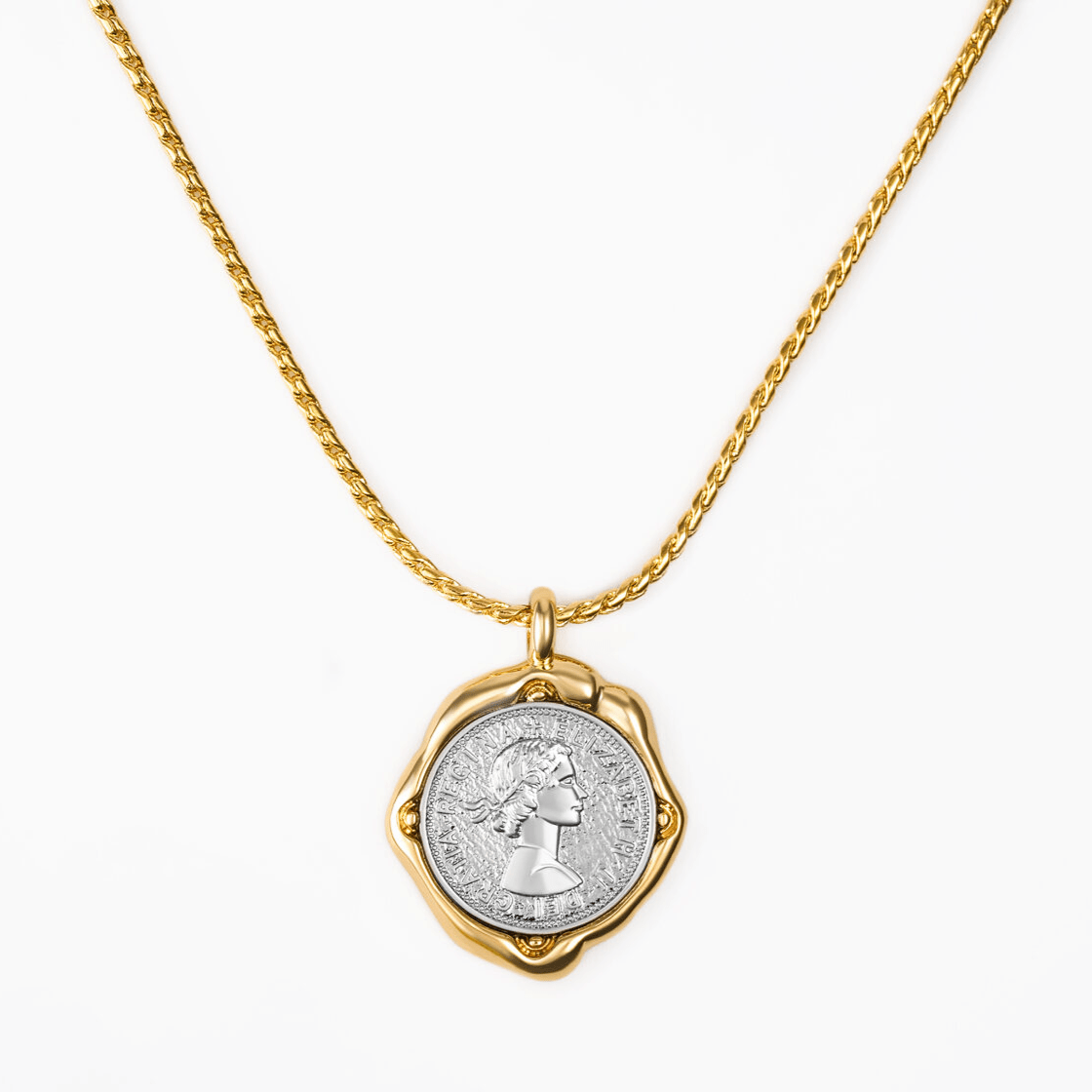 Necklace Coiné featuring a gold-plated pendant with an intricate coin design and a molten-inspired frame.