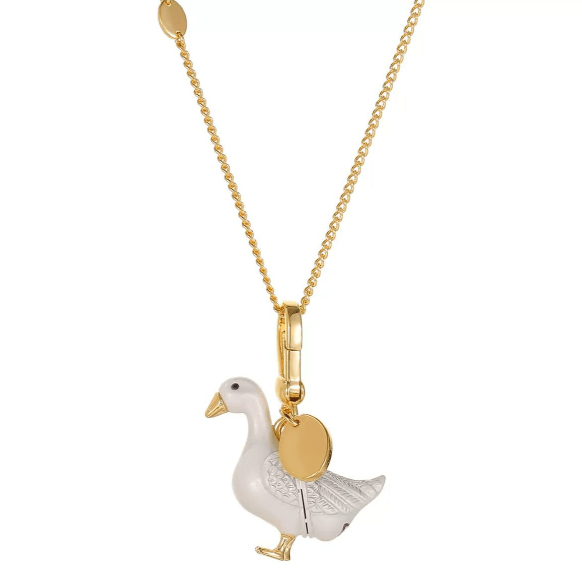 Necklace Goose featuring a gold-plated brass charm with a glossy enamel finish, designed for playful elegance.