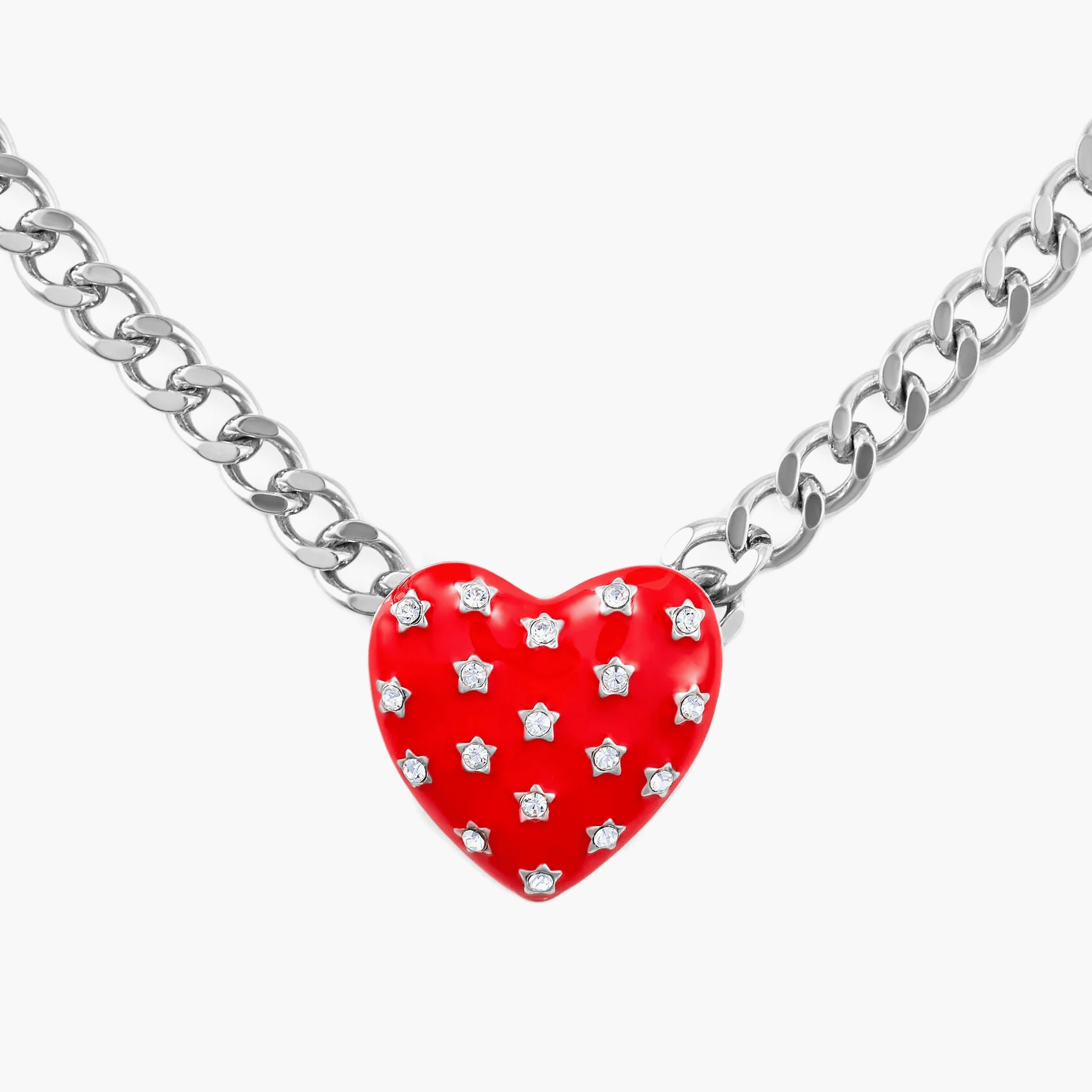 Necklace Red Heart with bright red heart pendant and star-shaped crystals on a chunky silver chain.