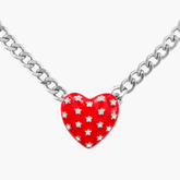 Necklace Red Heart with bright red heart pendant and star-shaped crystals on a chunky silver chain.