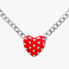 Necklace Red Heart with bright red heart pendant and star-shaped crystals on a chunky silver chain.