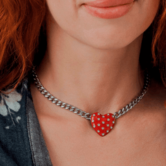 Necklace Red Heart featuring a red heart pendant with star-shaped studs on a chunky silver chain.