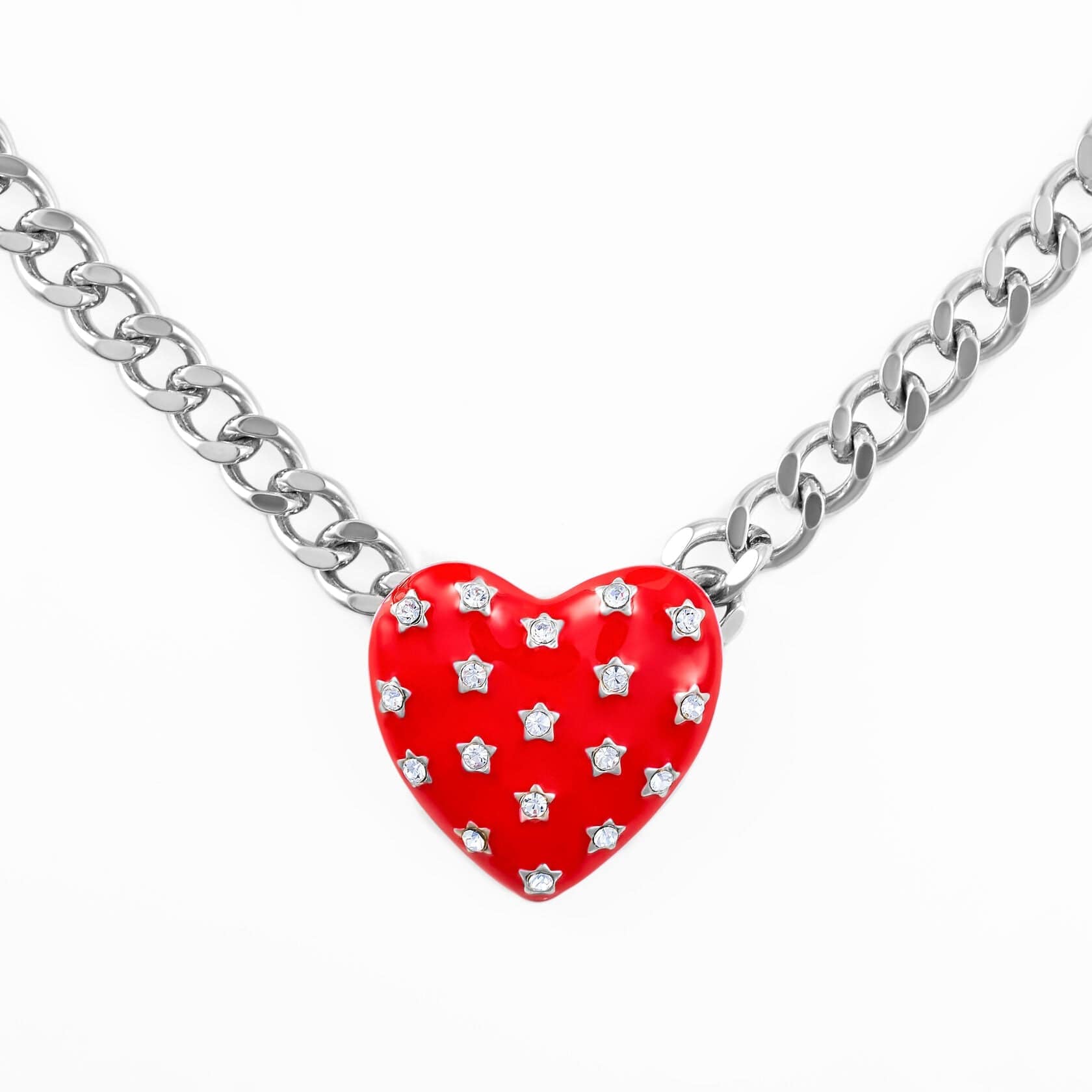 Necklace Red Heart featuring a red enamel heart with star-shaped zircon inlay on a chunky silver chain.