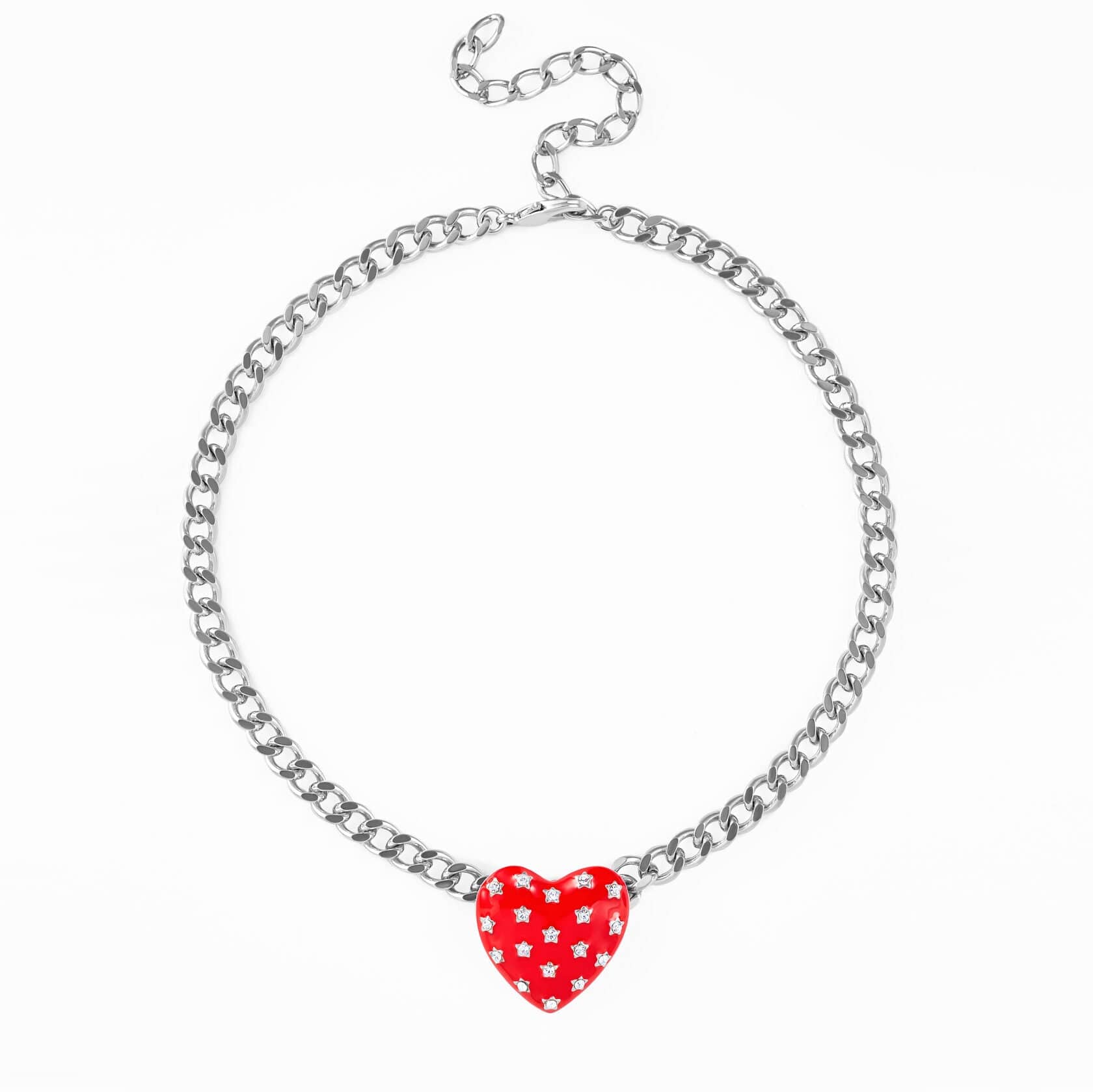 Bold Necklace Red Heart featuring a red heart with star-shaped crystals on a chunky silver chain.